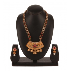 Generic Women's Rose Gold Plated Alloy Necklace & Earings Set (Green & Red)