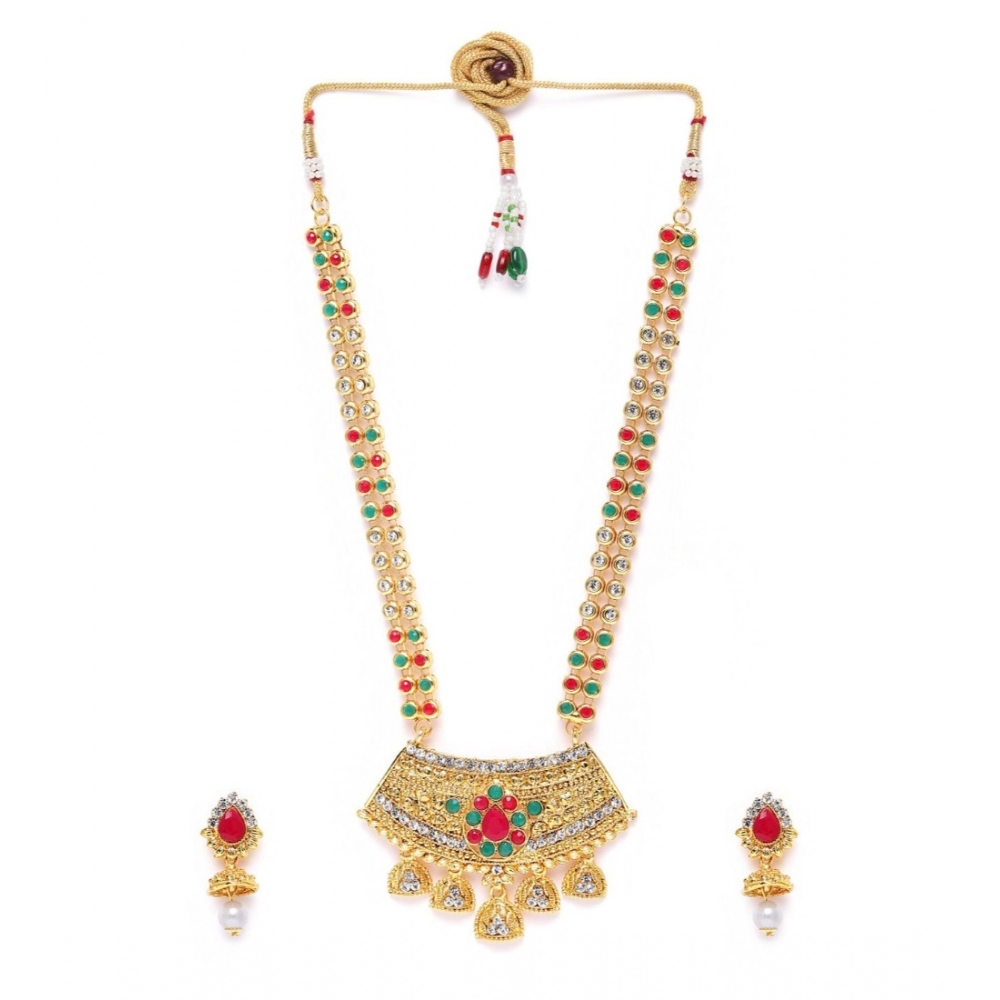 Generic Women's Rose Gold Plated Alloy Necklace & Earings Set (Green & Red)