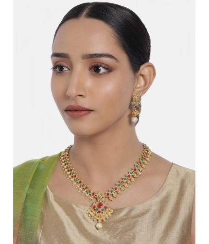 Women's Rose Gold Plated Alloy Necklace &amp; Earings Set (Green &amp; Red)