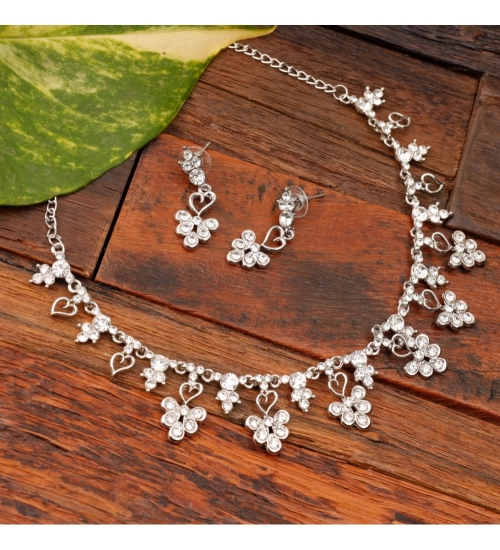 Women's Rose Gold Plated Brass Necklace & Earings Set (Silver)