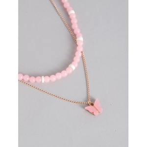 Generic Women's Rose Gold Plated Brass Pendant Chain With Beaded Bracelet (Pink)