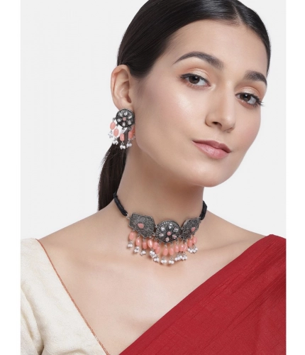 Women's Rose Gold Plated Alloy Necklace &amp; Earings Set (Orange)