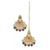 Dropship Women's Rose Gold Plated Alloy Kundan Earrings &amp; Mangtikka (Red &amp; Green)