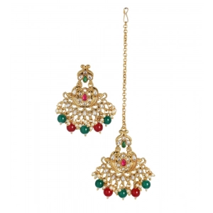 Generic Women's Rose Gold Plated Alloy Kundan Earrings & Mangtikka (Red & Green)