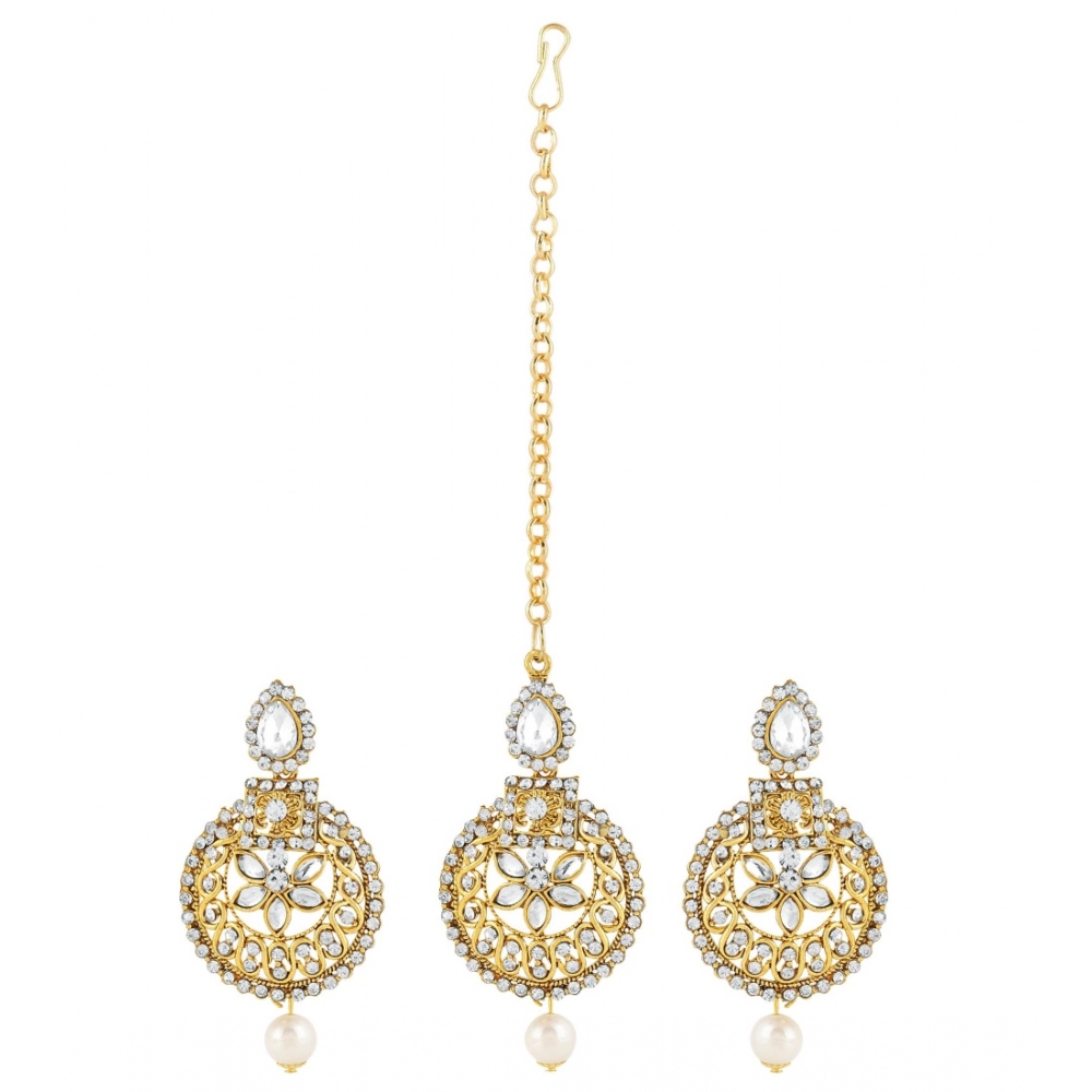 Generic Women's Rose Gold Plated Alloy Kundan Earrings & Mangtikka (White)
