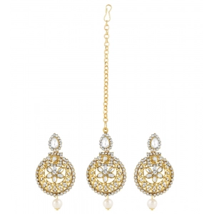 Generic Women's Rose Gold Plated Alloy Kundan Earrings & Mangtikka (White)