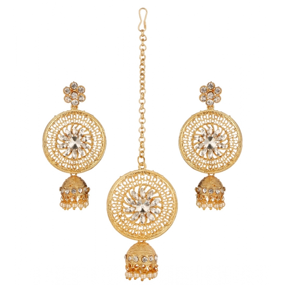 Generic Women's Rose Gold Plated Alloy Kundan Earrings & Mangtikka (White)