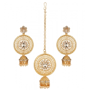 Generic Women's Rose Gold Plated Alloy Kundan Earrings & Mangtikka (White)