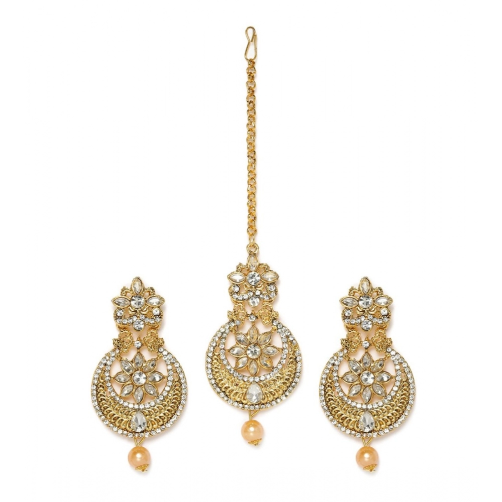 Generic Women's Rose Gold Plated Alloy Kundan Earrings & Mangtikka (White)