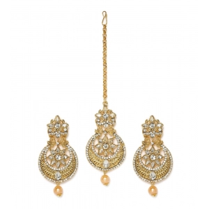 Generic Women's Rose Gold Plated Alloy Kundan Earrings & Mangtikka (White)