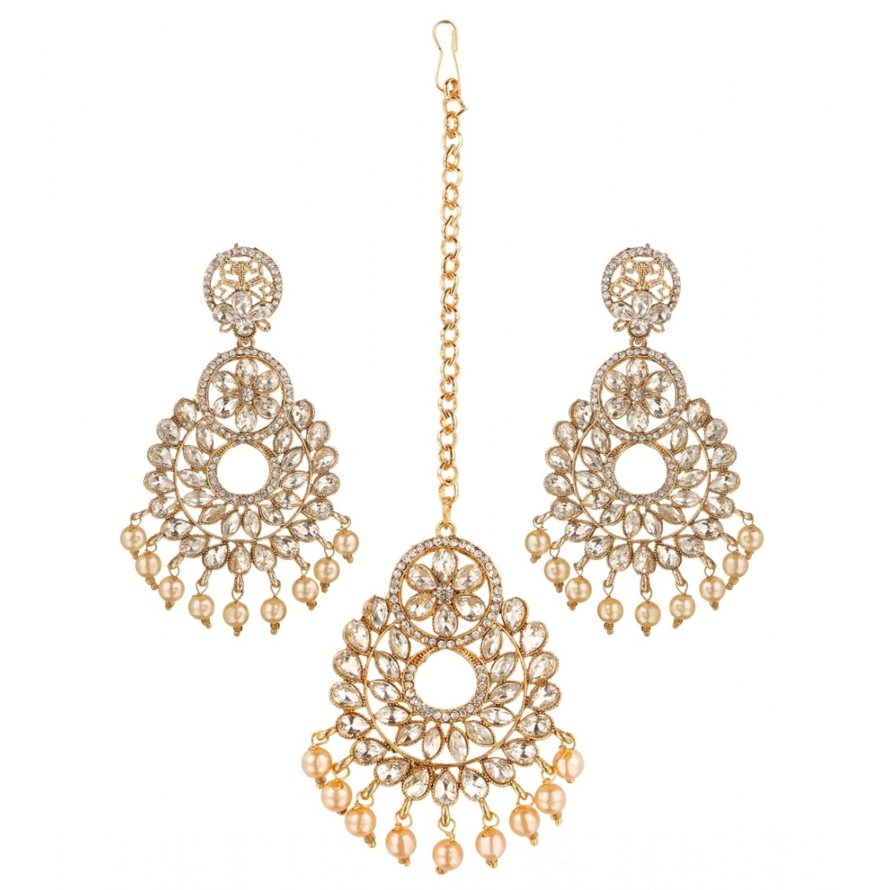 Generic Women's Rose Gold Plated Alloy Kundan Earrings & Mangtikka (White)