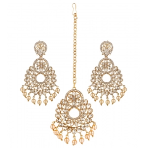 Generic Women's Rose Gold Plated Alloy Kundan Earrings & Mangtikka (White)