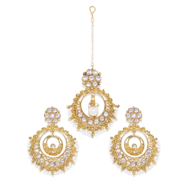 Dropship Women's Rose Gold Plated Alloy Kundan Earrings &amp; Mangtikka (White)