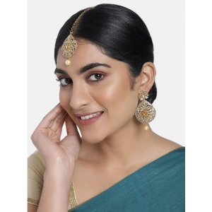 Generic Women's Rose Gold Plated Alloy Kundan Earrings & Mangtikka (Gold)