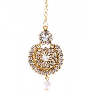Generic Women's Rose Gold Plated Alloy Kundan Earrings & Mangtikka (White)
