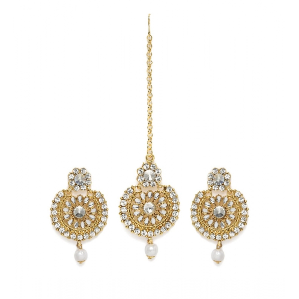 Generic Women's Rose Gold Plated Alloy Kundan Earrings & Mangtikka (White)