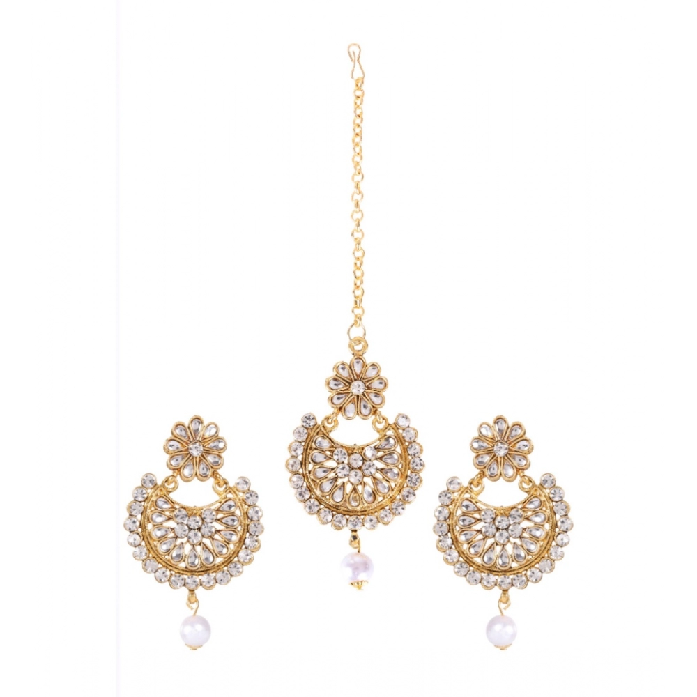 Generic Women's Rose Gold Plated Alloy Kundan Earrings & Mangtikka (White)