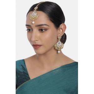 Generic Women's Rose Gold Plated Alloy Kundan Earrings & Mangtikka (White)