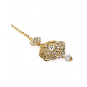 Generic Women's Rose Gold Plated Alloy Kundan Earrings & Mangtikka (White)