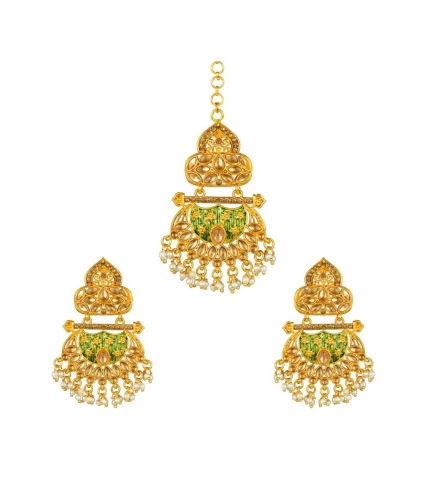 Women's Rose Gold Plated Alloy Kundan Earrings &amp; Mangtikka (Green)
