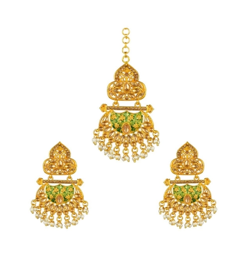 Women's Rose Gold Plated Alloy Kundan Earrings & Mangtikka (Green)