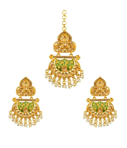 Women's Rose Gold Plated Alloy Kundan Earrings &amp; Mangtikka (Green)