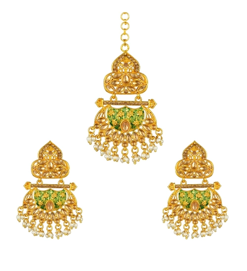 Women's Rose Gold Plated Alloy Kundan Earrings & Mangtikka (Green)
