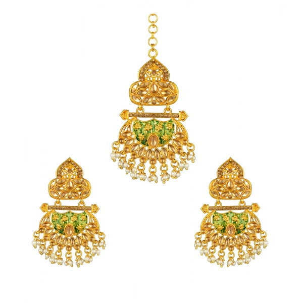 Dropship Women's Rose Gold Plated Alloy Kundan Earrings &amp; Mangtikka (Green)