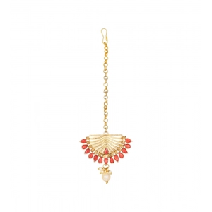 Generic Women's Rose Gold Plated Alloy Kundan Earrings & Mangtikka (Gold & Red)