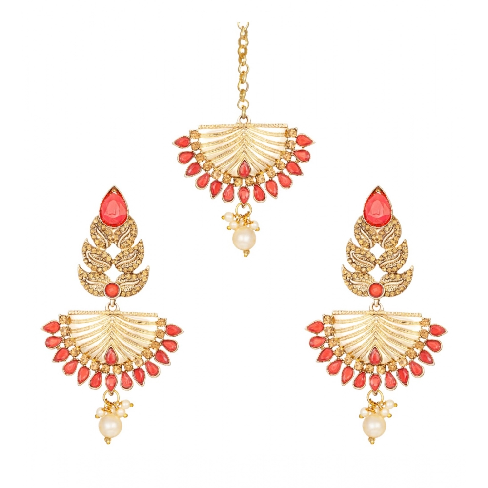 Generic Women's Rose Gold Plated Alloy Kundan Earrings & Mangtikka (Gold & Red)
