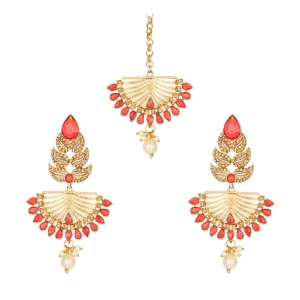 Generic Women's Rose Gold Plated Alloy Kundan Earrings & Mangtikka (Gold & Red)