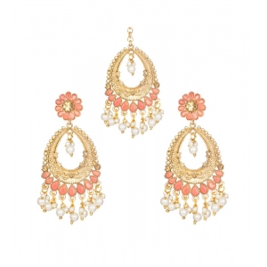 Generic Women's Rose Gold Plated Alloy Kundan Earrings & Mangtikka (Pink)