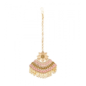 Generic Women's Rose Gold Plated Alloy Kundan Earrings & Mangtikka (Pink)