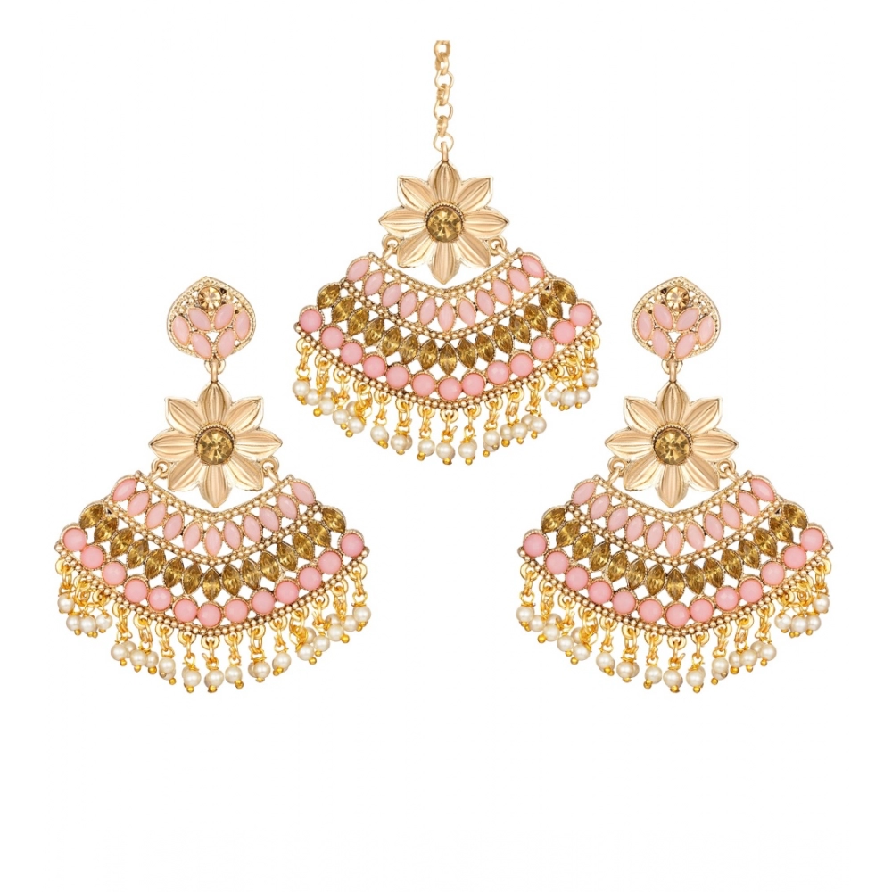 Generic Women's Rose Gold Plated Alloy Kundan Earrings & Mangtikka (Pink)
