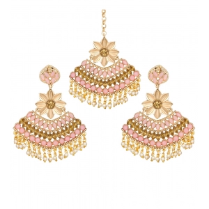 Generic Women's Rose Gold Plated Alloy Kundan Earrings & Mangtikka (Pink)