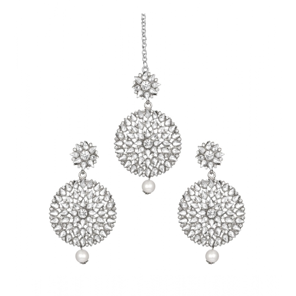 Generic Women's Rose Gold Plated Alloy Kundan Earrings & Mangtikka (White)
