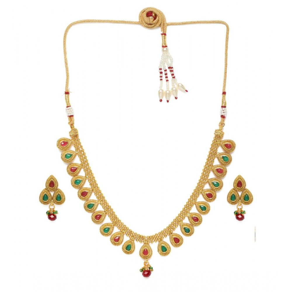 Generic Women's Rose Gold Plated Alloy Choker Necklace Set (Green & Red)