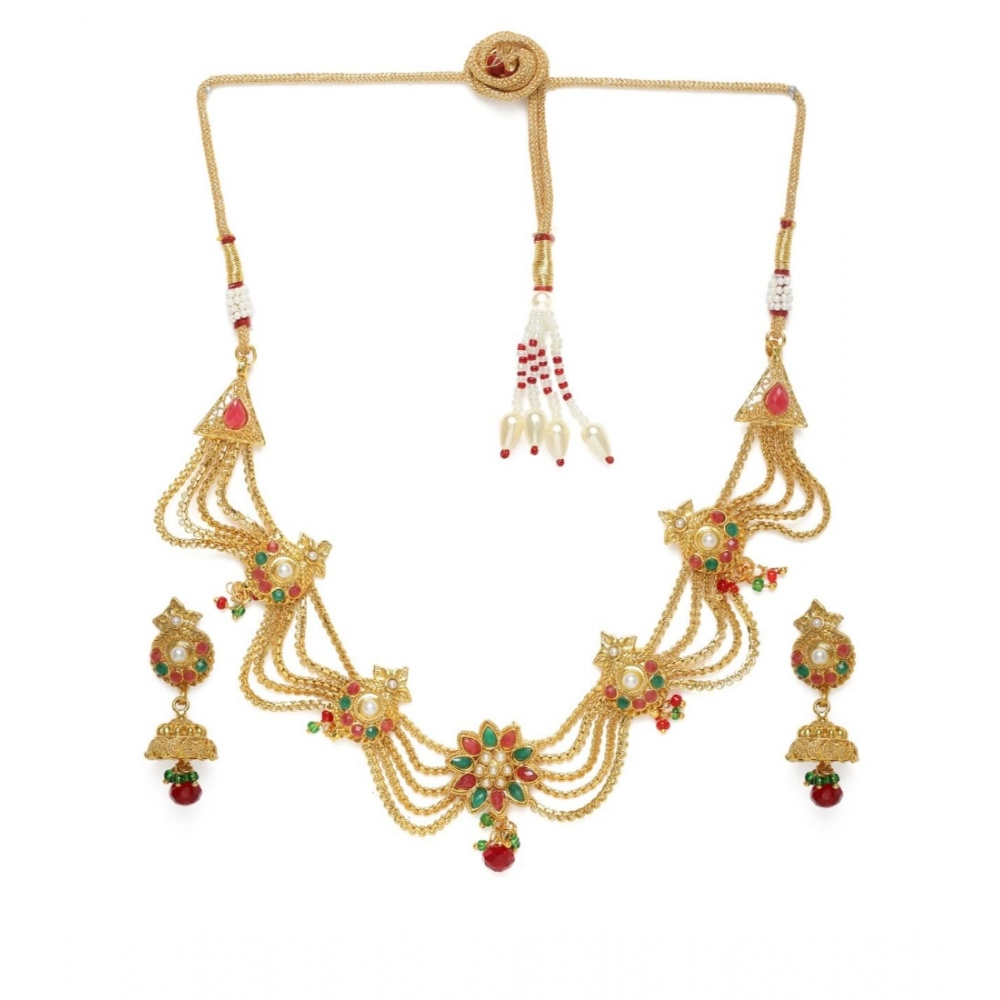 Generic Women's Rose Gold Plated Alloy Necklace Set (Green & Red)