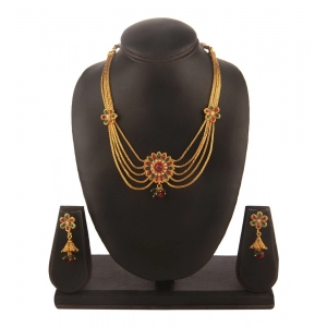 Generic Women's Rose Gold Plated Alloy Necklace & Earings Set (Green & Red)