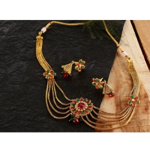 Generic Women's Rose Gold Plated Alloy Necklace & Earings Set (Green & Red)