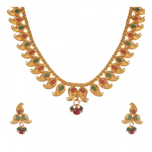 Generic Women's Rose Gold Plated Alloy Necklace & Earings Set (Green & Red)