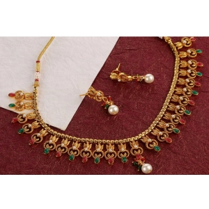 Generic Women's Rose Gold Plated Alloy Necklace & Earings Set (Green & Red)