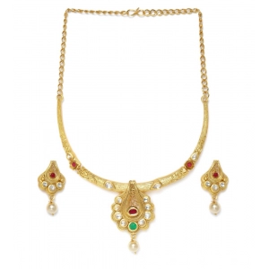 Generic Women's Rose Gold Plated Alloy Necklace & Earings Set (White & Red)