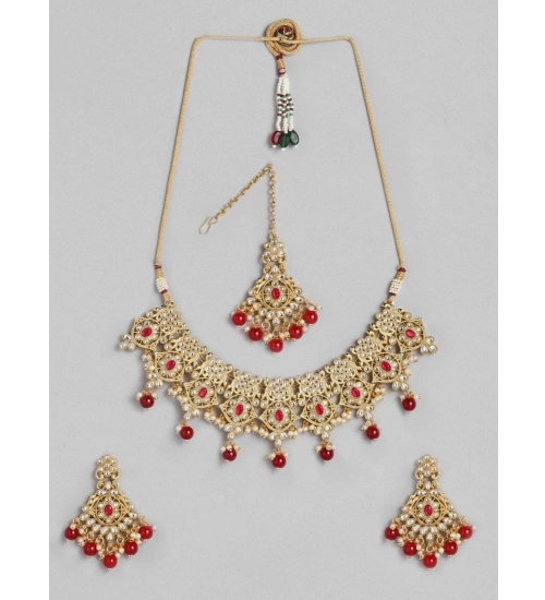 Women's Rose Gold Plated Alloy Necklace & Earings Set (Red)
