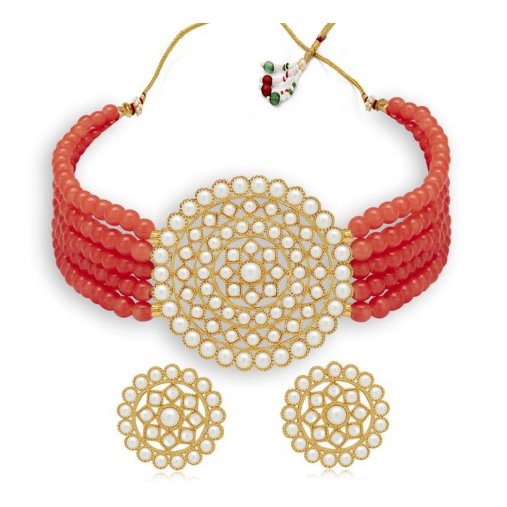 Generic Women's Rose Gold Plated Alloy Necklace & Earings Set (Red)