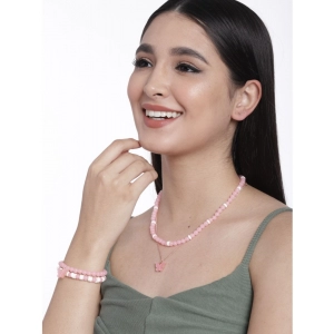 Generic Women's Rose Gold Plated Brass Pendant Chain With Beaded Bracelet (Pink)