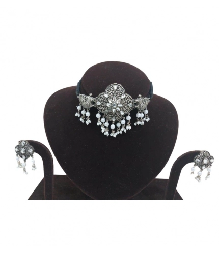 Women's Rose Gold Plated Alloy Necklace &amp; Earings Set (Silver &amp; White)