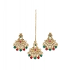 Dropship Women's Rose Gold Plated Alloy Kundan Earrings &amp; Mangtikka (Red &amp; Green)