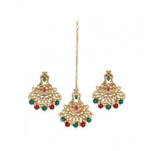 Generic Women's Rose Gold Plated Alloy Kundan Earrings & Mangtikka (Red & Green)