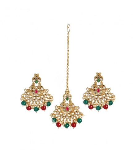 Women's Rose Gold Plated Alloy Kundan Earrings &amp; Mangtikka (Red &amp; Green)
